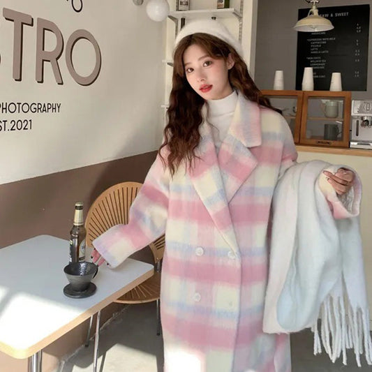 🔥👸Woman’s Plaid Synthetic Wool Loose Fit Long Coat(40%OFF)
